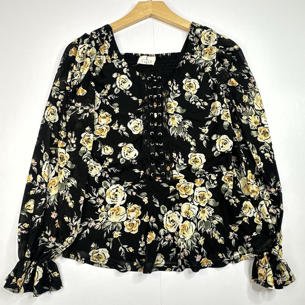 Ember‎ Floral Peplum Blouse Medium Lace Up Corset Cottagecore Boho Puff Sleeve